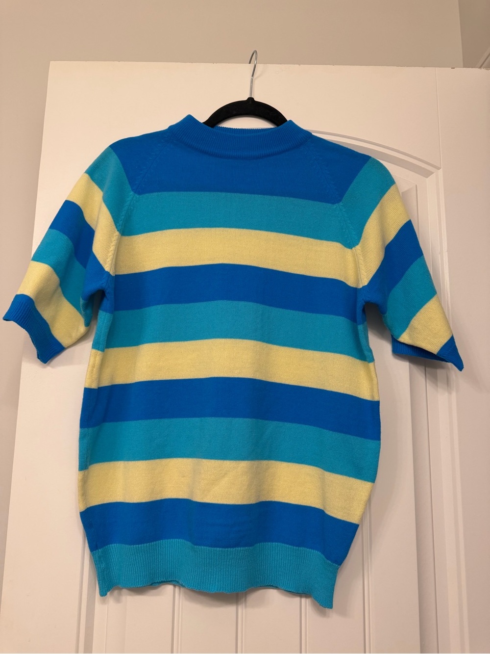 Vintage Short Sleeve Striped Knit Top in Bright Blue, Teal & Yellow
